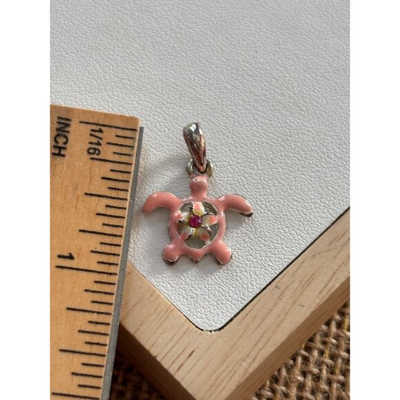 Pink Enamel Turtle Pendant With Floral Design & Crystal Accents - Picture 6 of 6